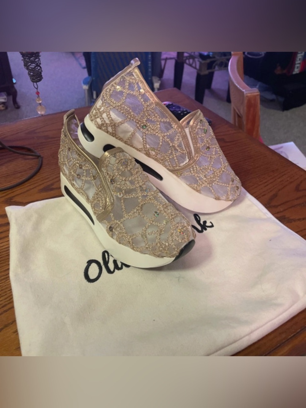 New-8 wedding holiday Gold Lace Slip-On Sneaker gemstones anti anti-slip sole